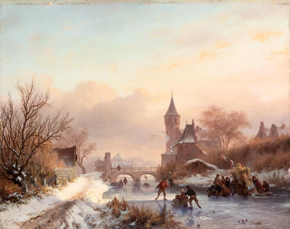 Paesaggio invernale con pattinatori